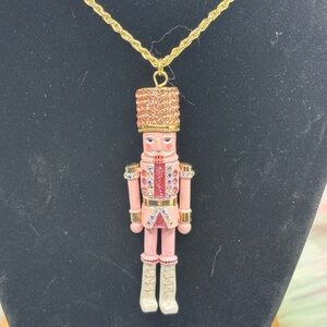 Betsey Johnson Gold and Pink Nutcracker Pendant Long Necklace